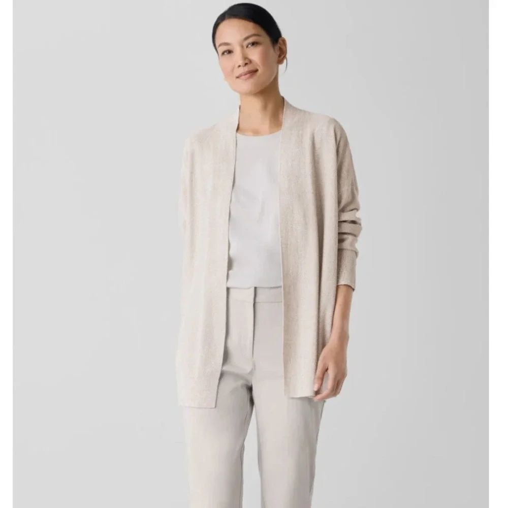 Eileen Fisher Organic Linen Cotton Open Front Cardigan‎ Oatmeal Beige PM