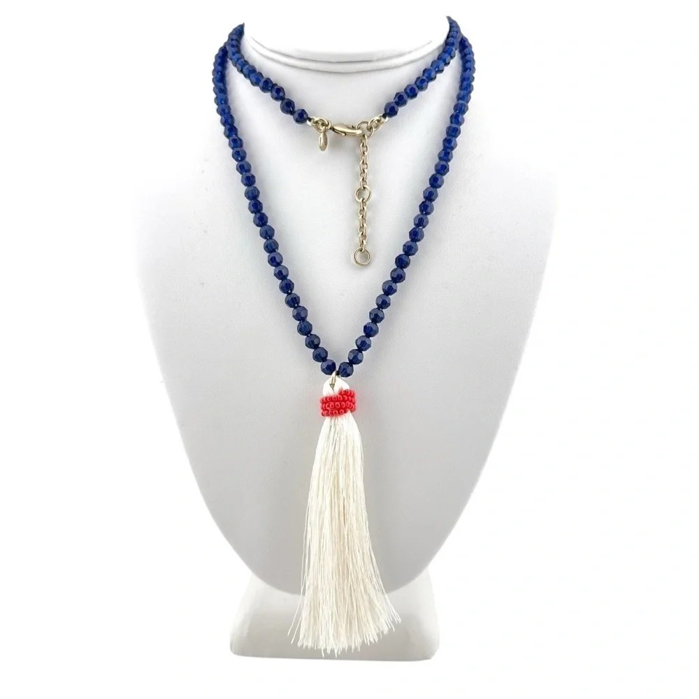 J Crew Necklace with Navy Blue Beads and White Tassel