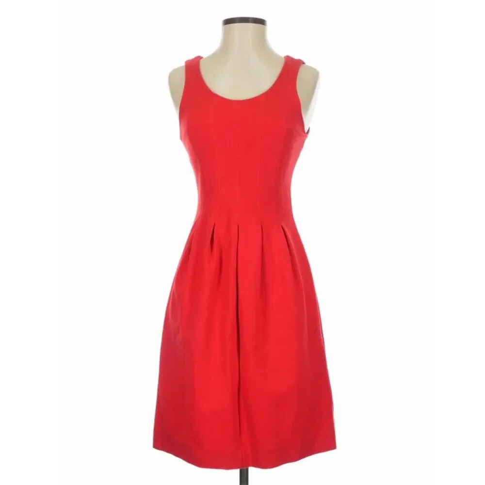 J. CREW | Red Stretch Pleated A-line Dress Exposed Back Ponte Zipper Pockets | 4
