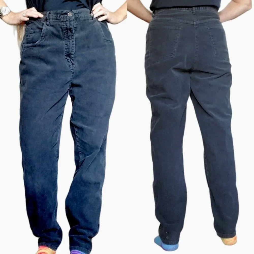 90s‎ Mom Jeans Faded Black Corduroy High Waist Tapered Leg Sz 14 X 30