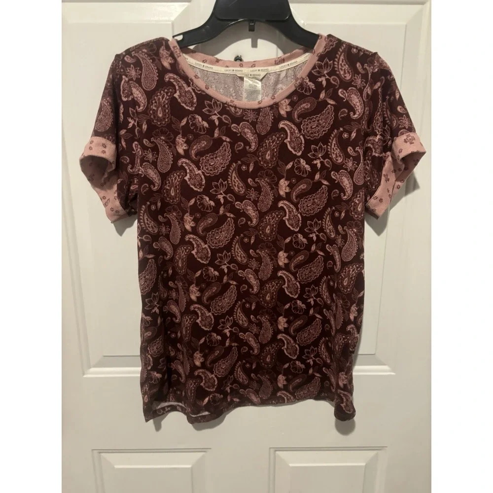 Lucky‎ Brand Shirt Medium Purple Paisley Floral Short Sleeve Thin Casual