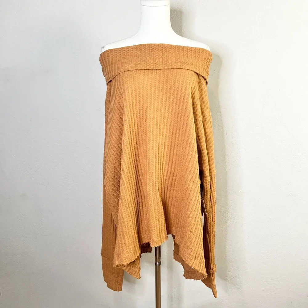 Free People Top‎ Canyon Moon Juicy Size M Orange Off Shoulder Waffle Knit New