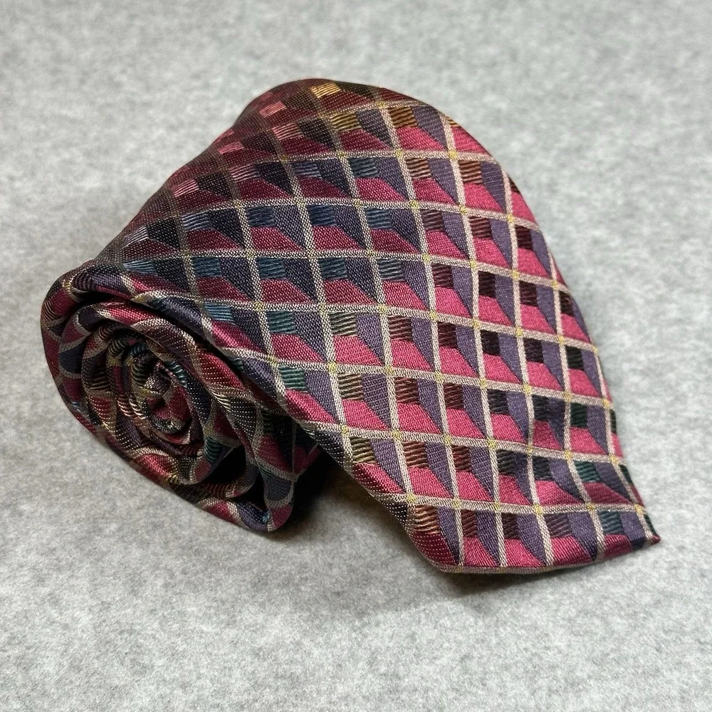 Vintage Pavone Italy Silk Geometric Tie‎ Red Multicolor Designer Necktie