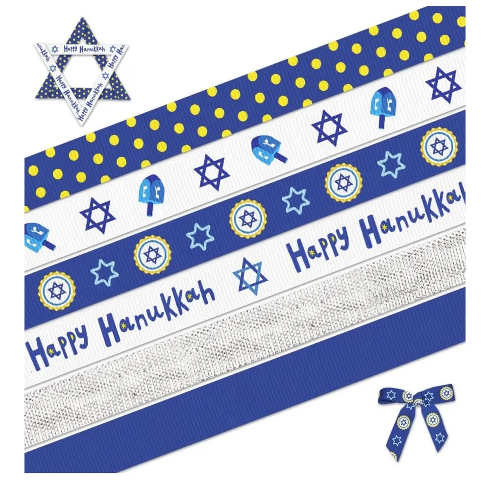 Hanukkah Ribbon Pack - Blue & White Holiday Grosgrain Ribbons