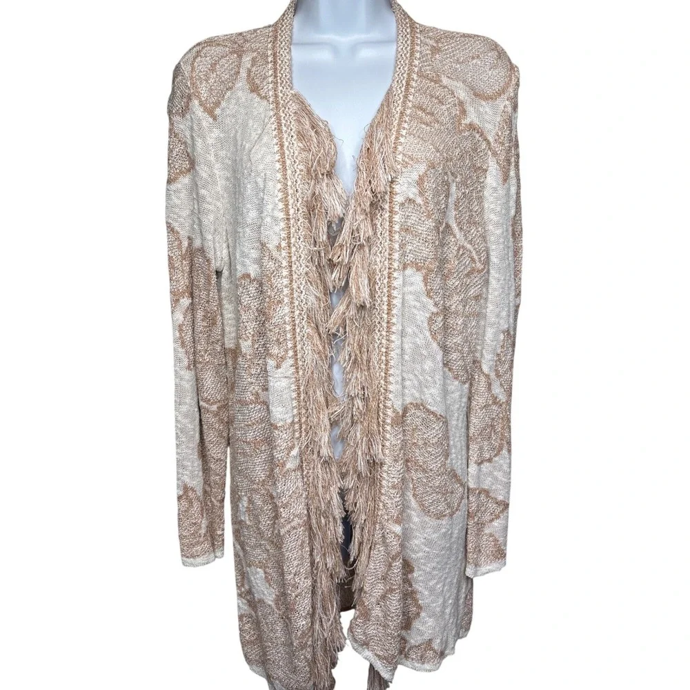 NIC+ZOE Tan Floral‎ Fringe Open Front Cardigan L Longline Southwestern Boho-Chic