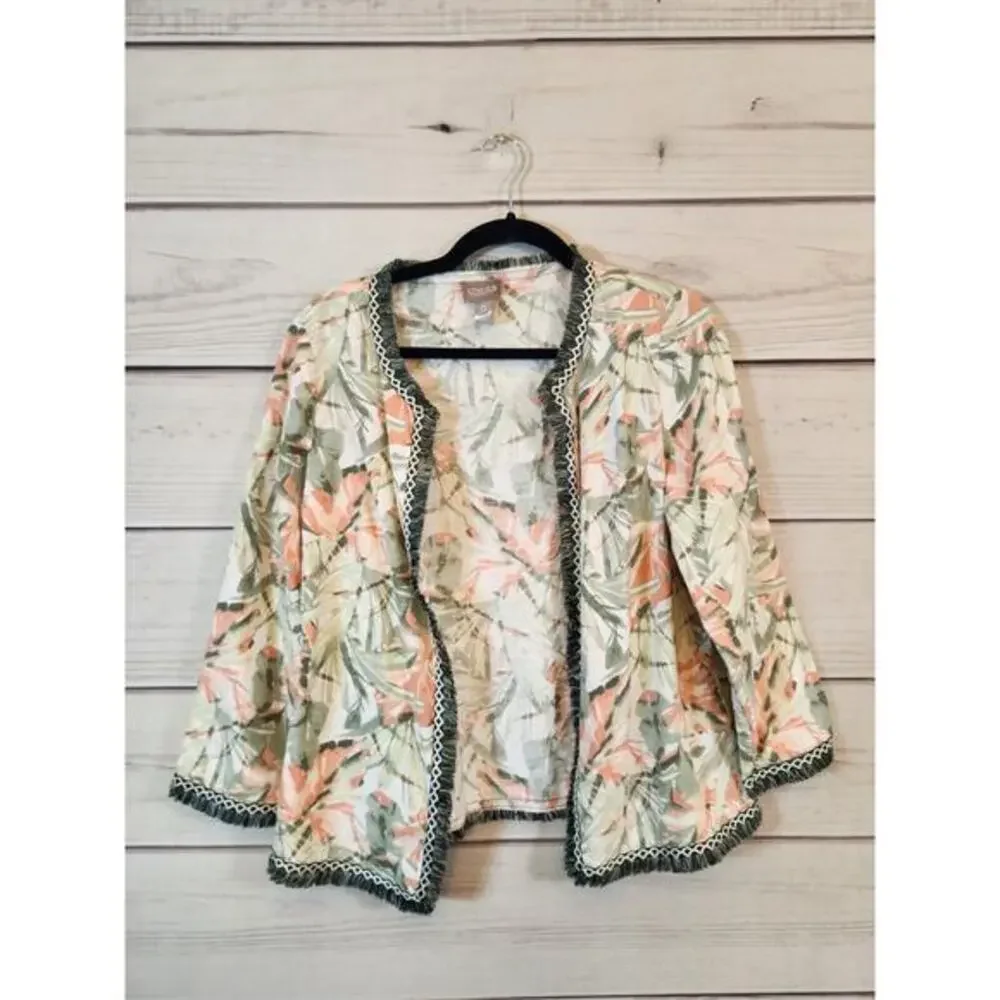 Chico’s Women's Botanical Print Fringe Linen Blend‎ Open Cardigan Size 0 / S
