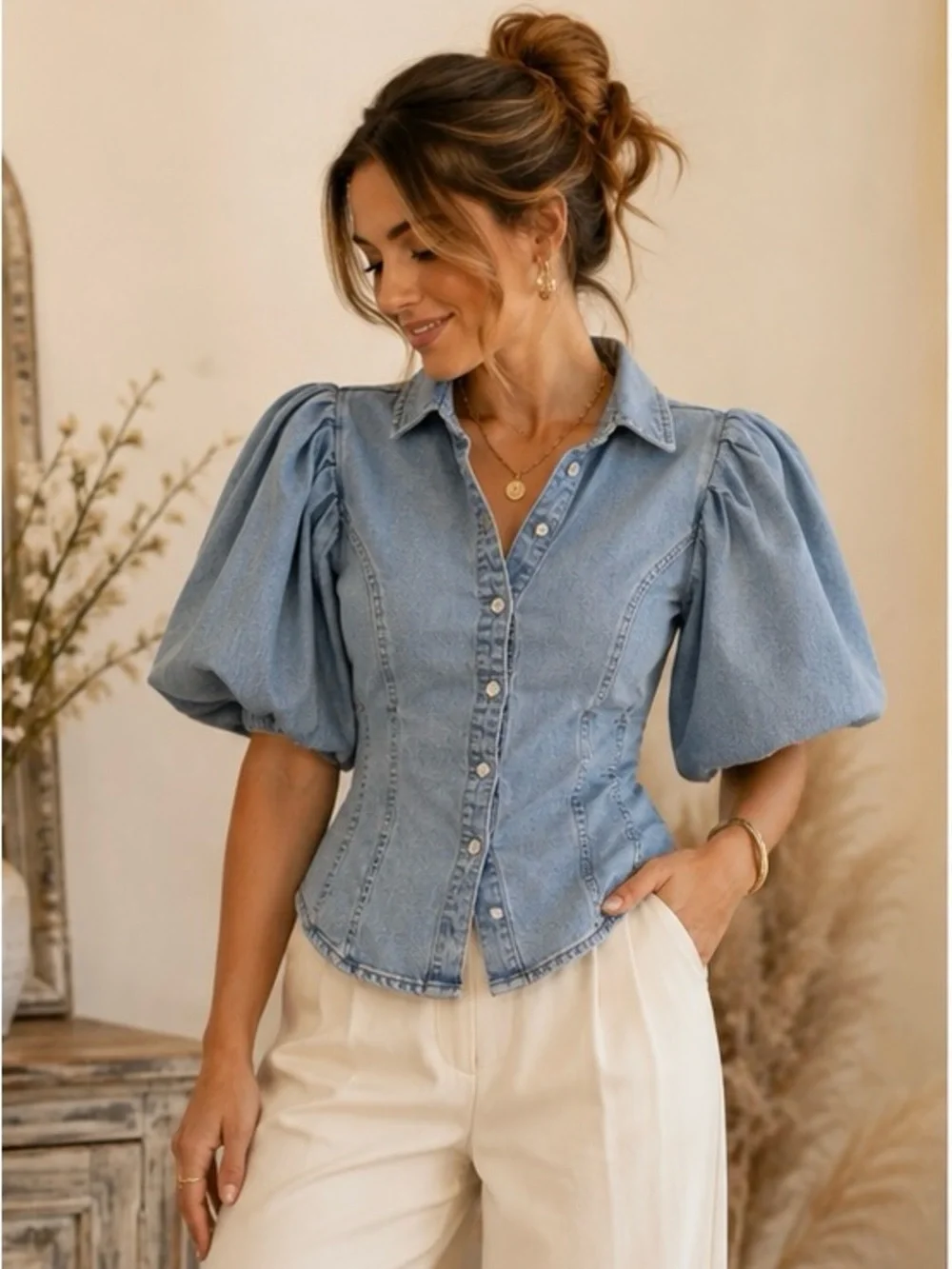 Bagatelle Collection Denim Puff Sleeve Button Front Top Blouse Size M