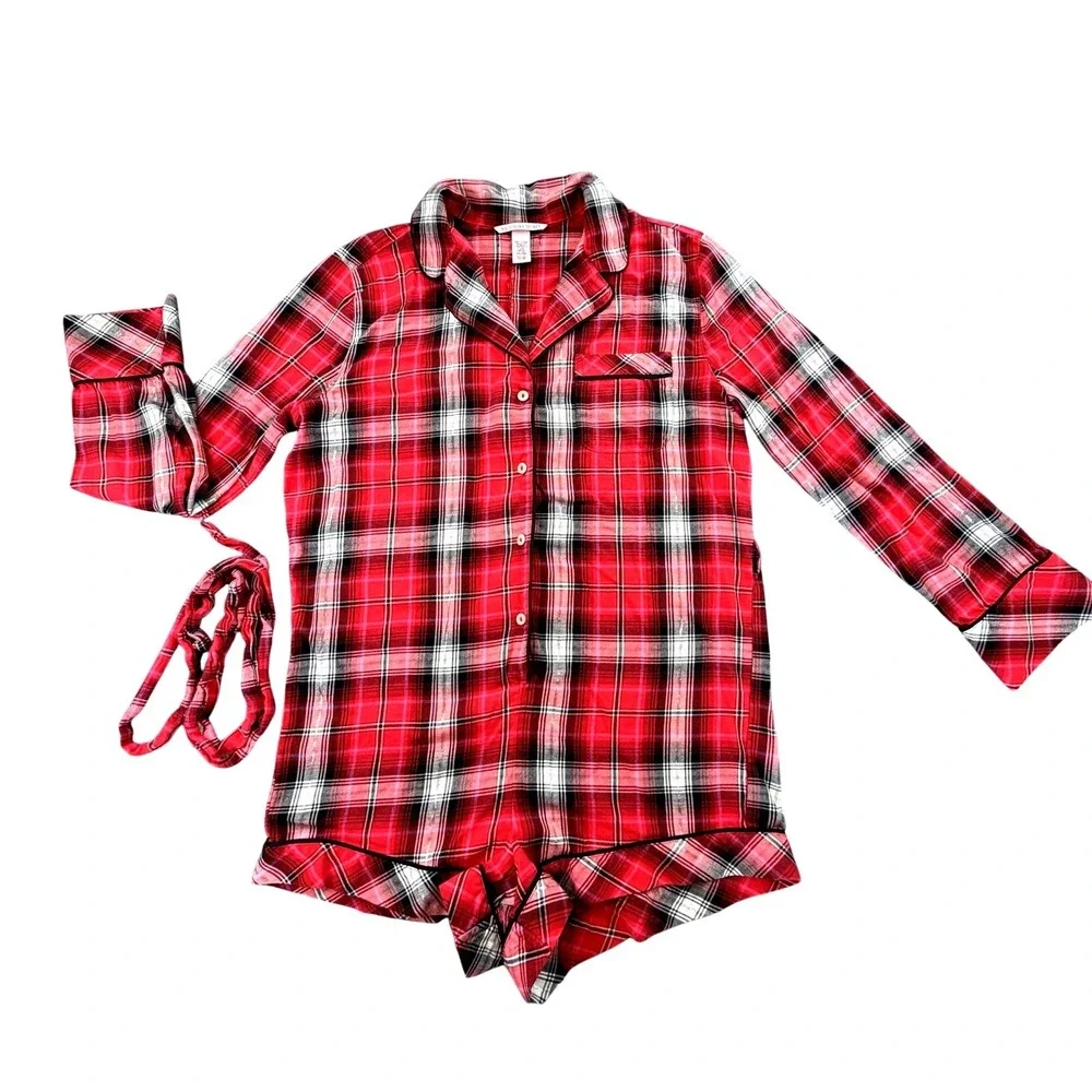 Victoria's Secret Red Plaid Pajama‎ Set S Button-Front Top + Shorts Tie