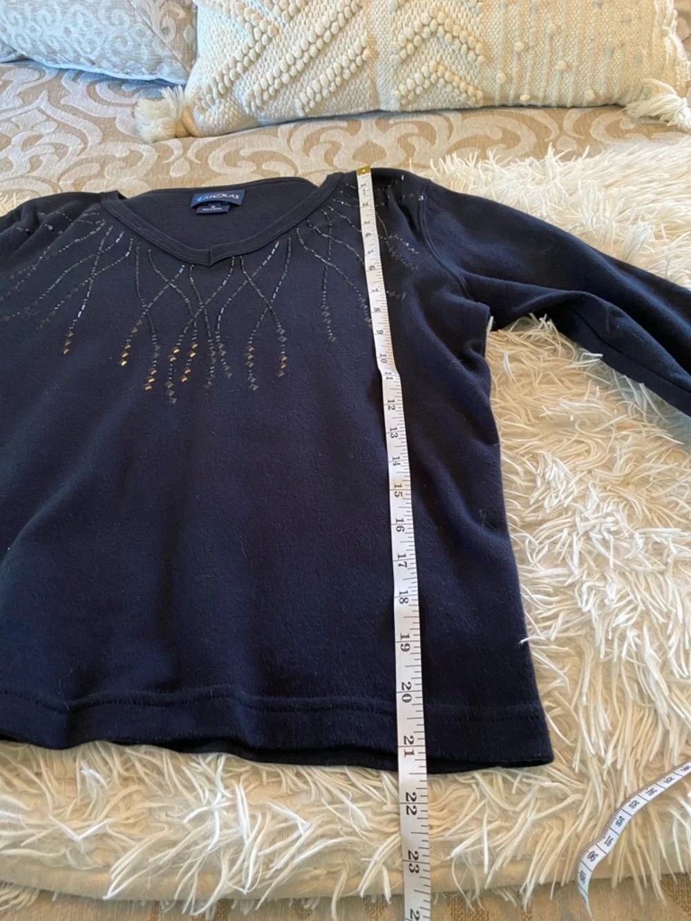Las Olas Beaded V-Neck Top Size S Navy 3/4 Sleeve Embellished Blouse