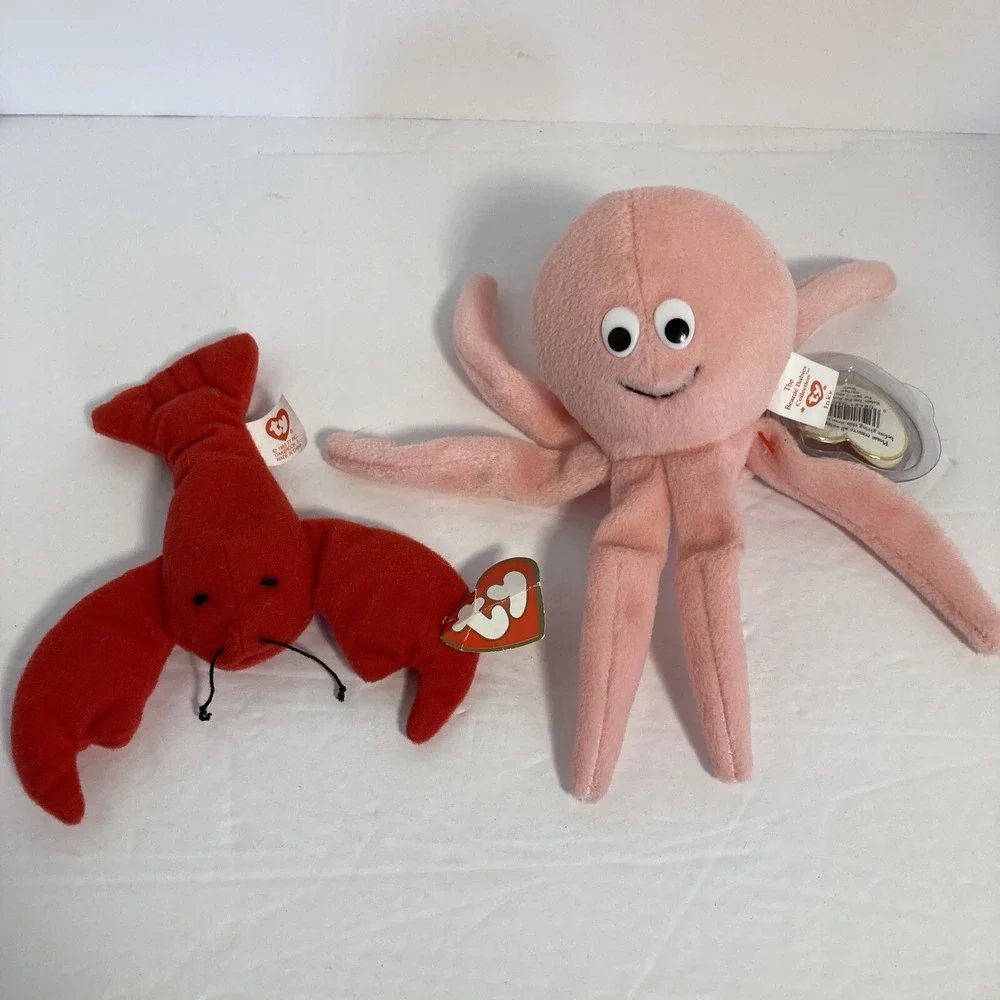 Ty‎ Beanie Babies Inky Octopus & Teenie Pinchers Lobster Pink Red Plush Set of 2