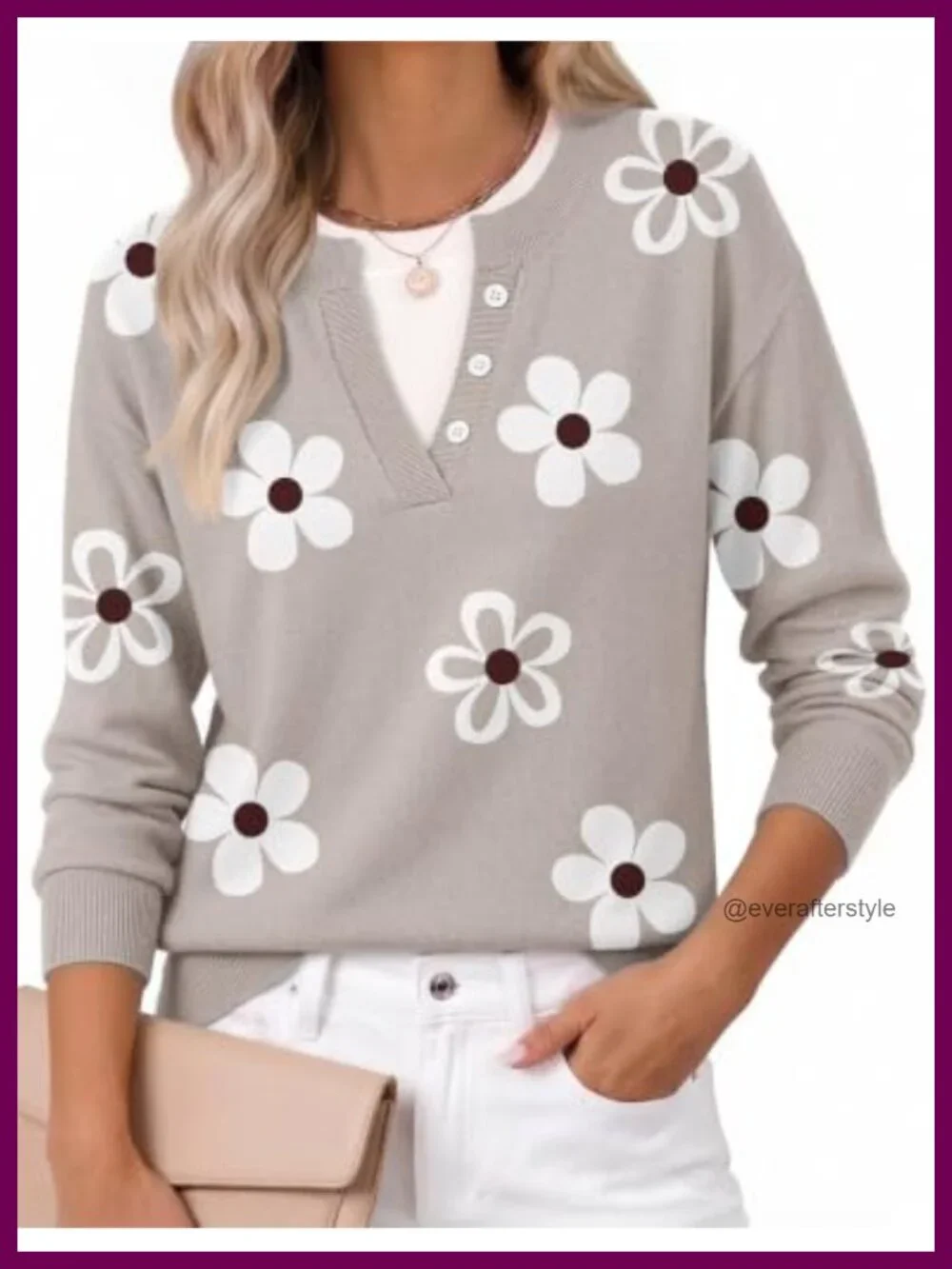 Long Sleeve Crew Neck Pullover Sweater with Contrast Collar Floral Knit