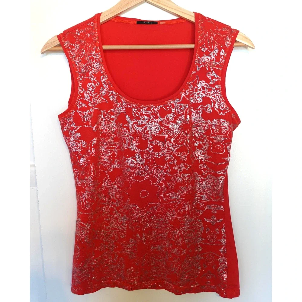 Vintage Y2K Tahari Tank Top Small Coral Metallic Foil‎ Pima Fairy Babydoll Tee