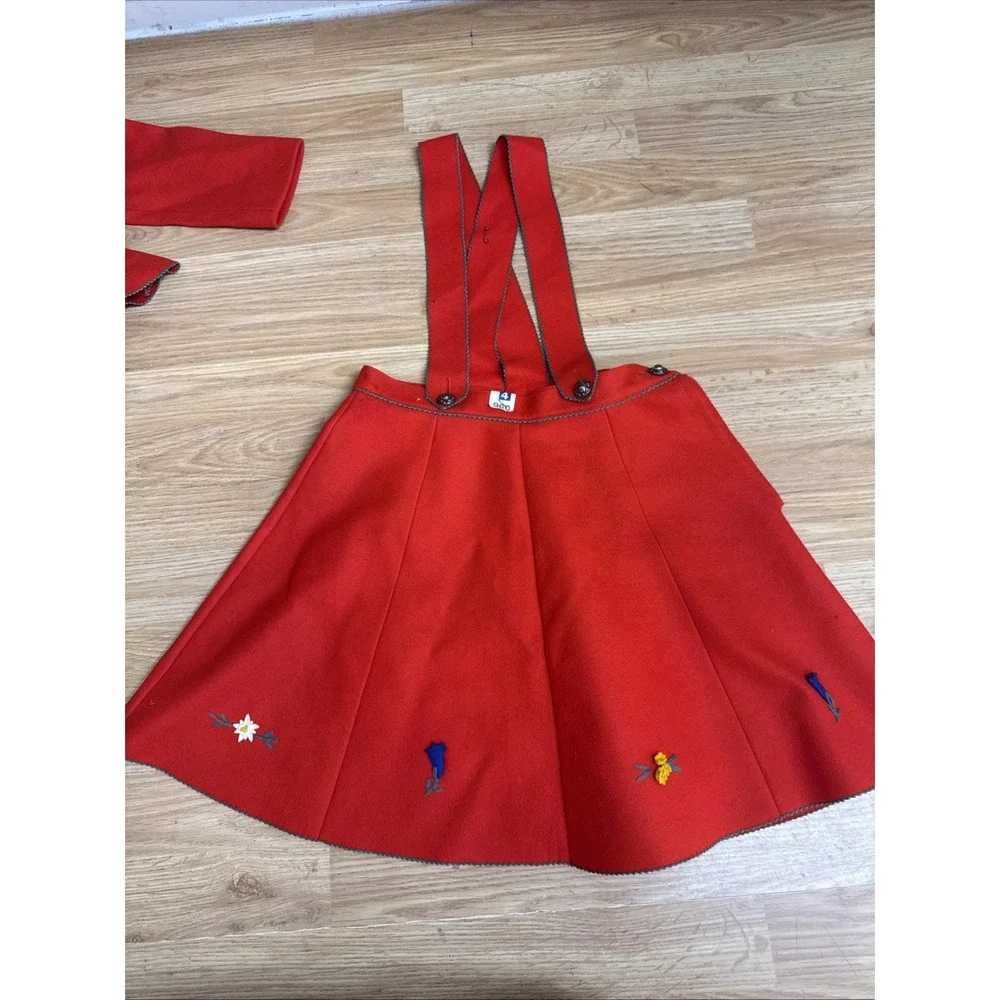 Vintage 1930 Wiener Werkstatte Child's Wool/felt Red Jacket And Skirt W/flowers