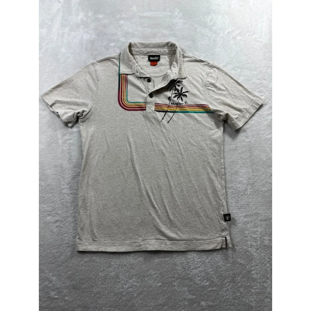 Howler Brothers Kids 3204 Palm Tree Retro Stripe Oatmeal Polo Shirt Tag L
