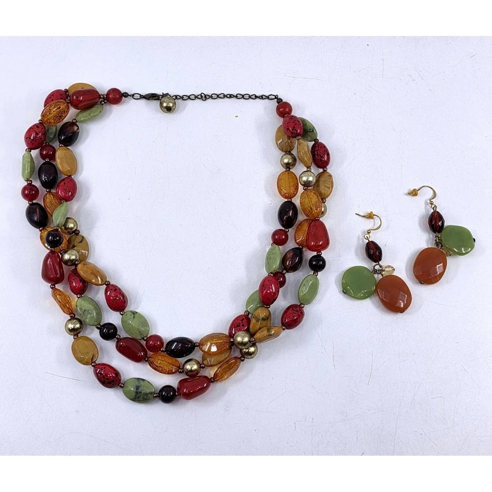 Multilayer Bead Necklace and Earring Set Earth Tones Green Orange Gold Tone