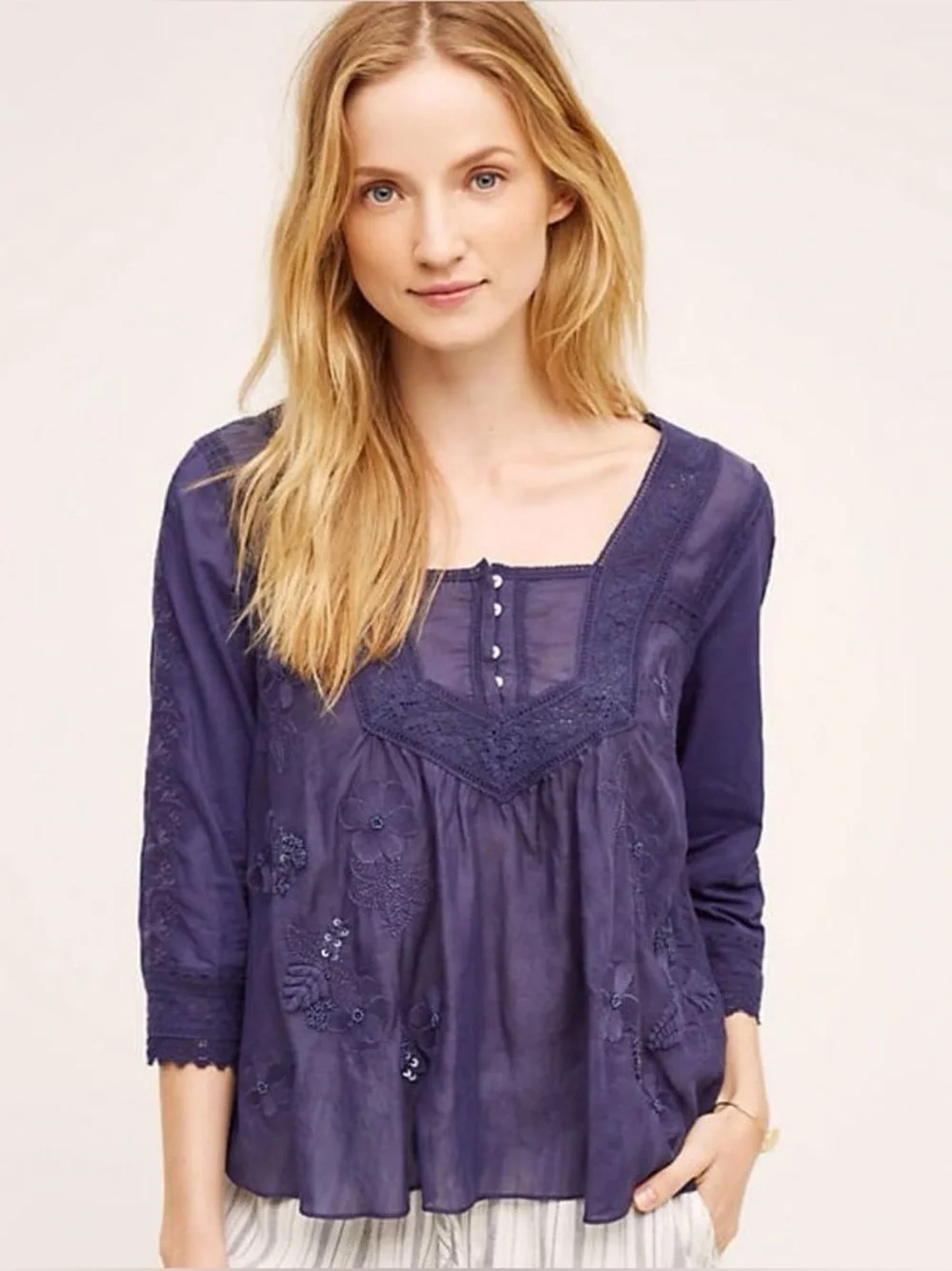 Anthropologie Vanessa Virginia women’s collaged lace top blouse navy blue size 6