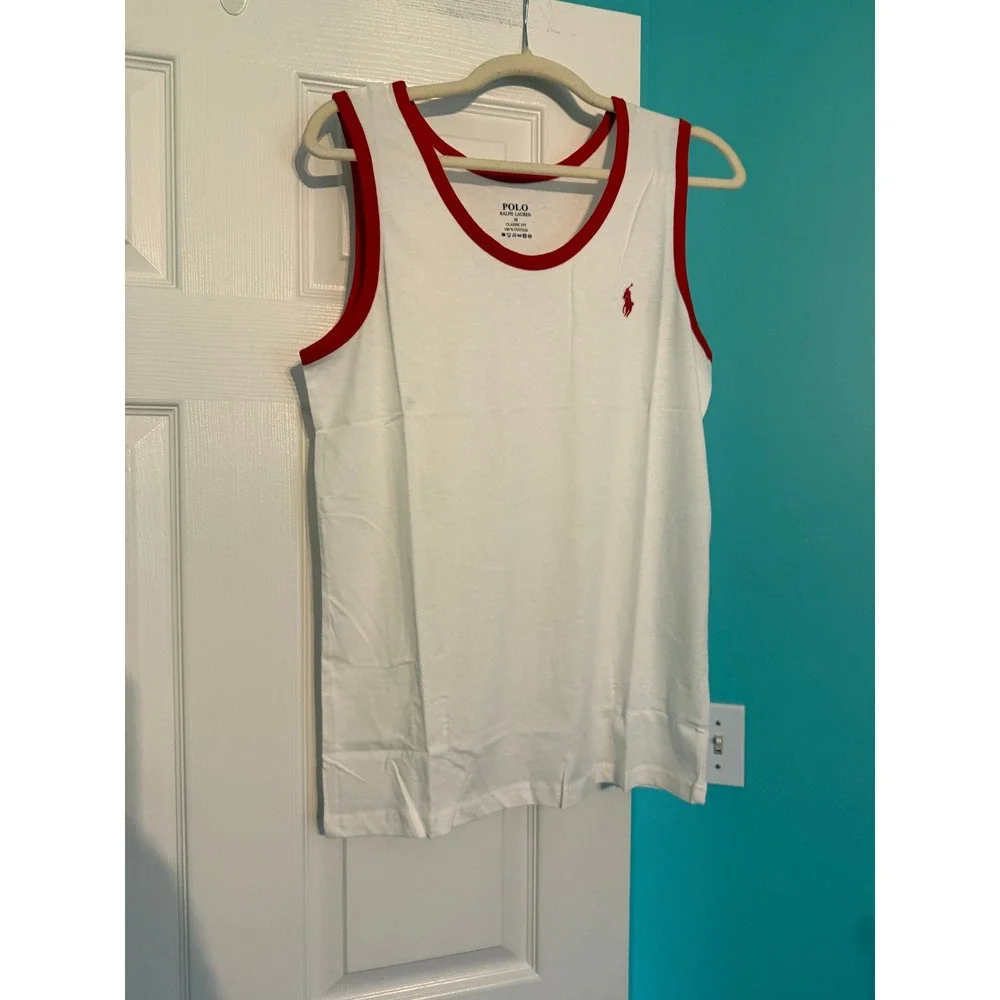 Polo Ralph Lauren Mens Classic Fit Cotton Tank Top White Red Ringer Pony Logo M