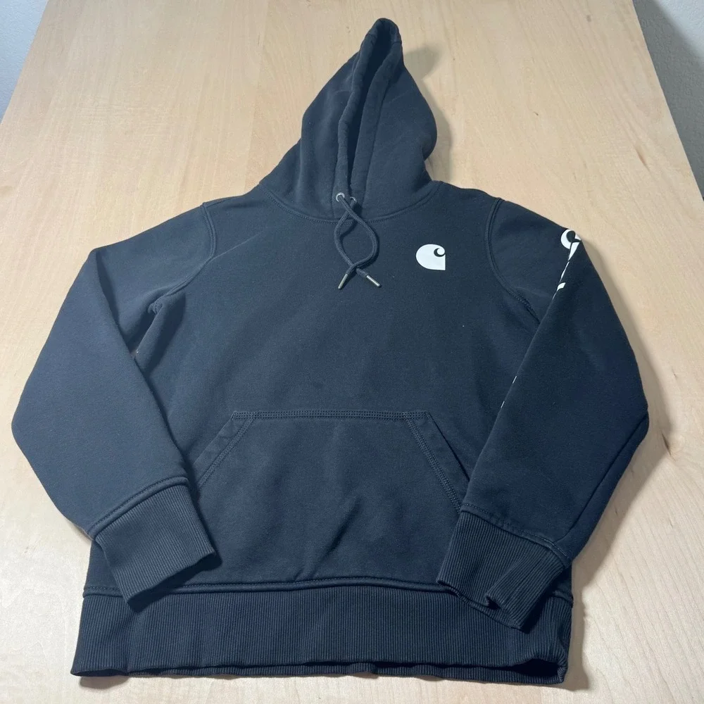 Carhartt Women's XS Relaxed Fit Hoodie Sweatshirt Pullover Black Logo‎ Sleeve