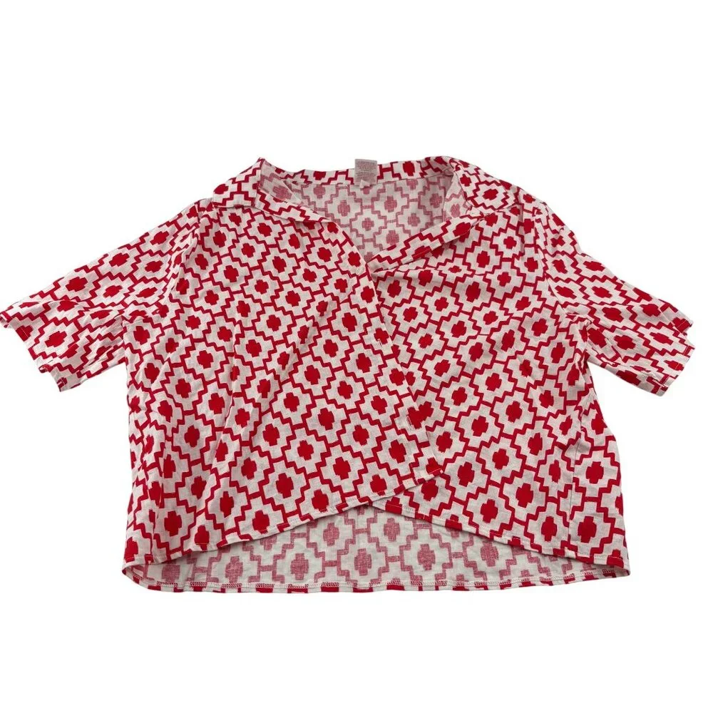 Shade & Shore Women's Red White Short Sleeve‎ Blouse Large Cropped
