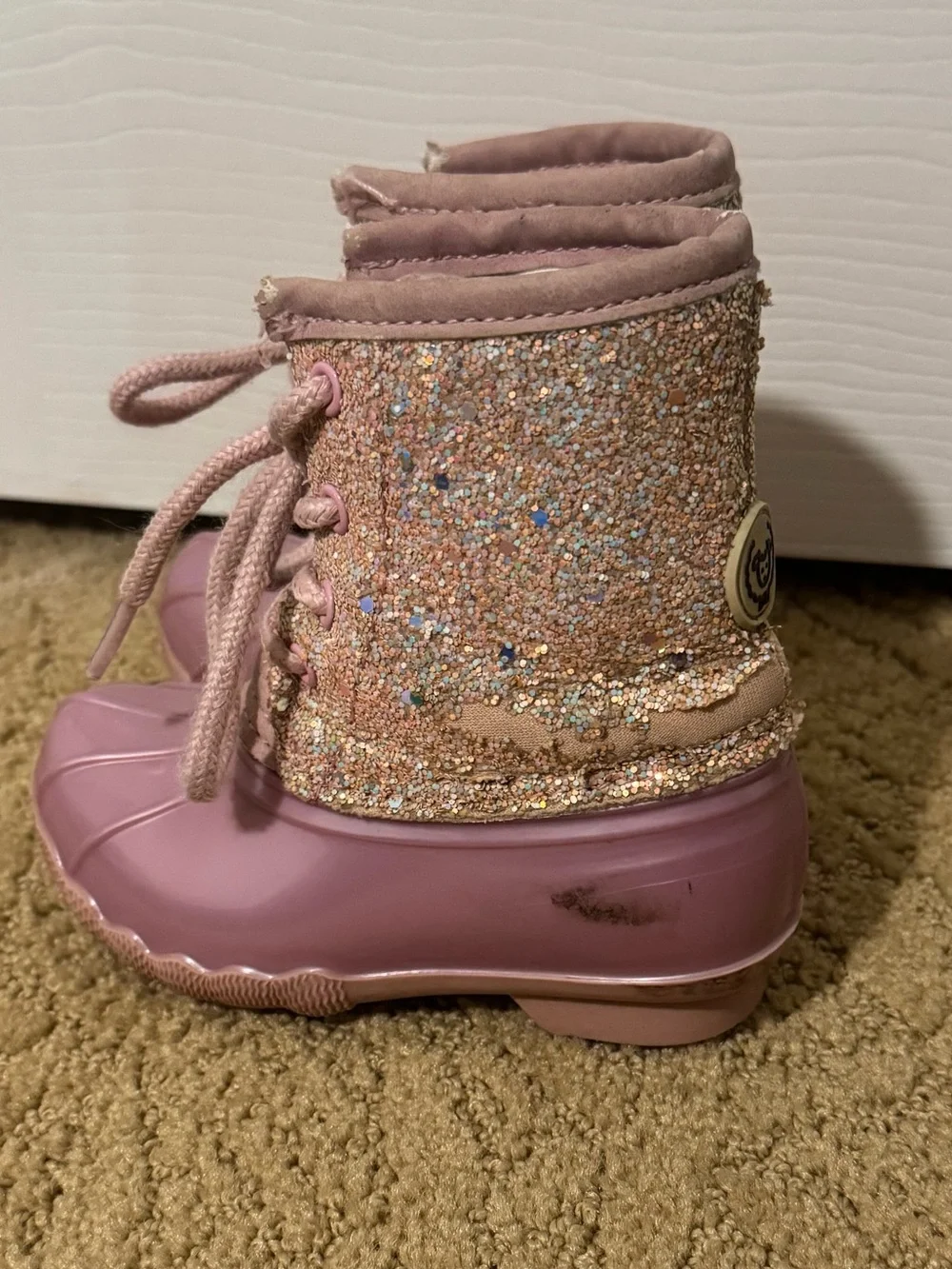 Adrienne Vittadini Girls Pink Glitter Lace-Up Rain Boots