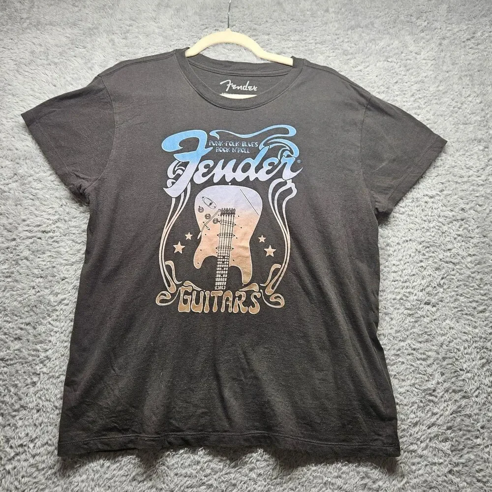 Fender Womens Black Graphic T-Shirt Size Medium Casual Music Guitar Rock N Roll