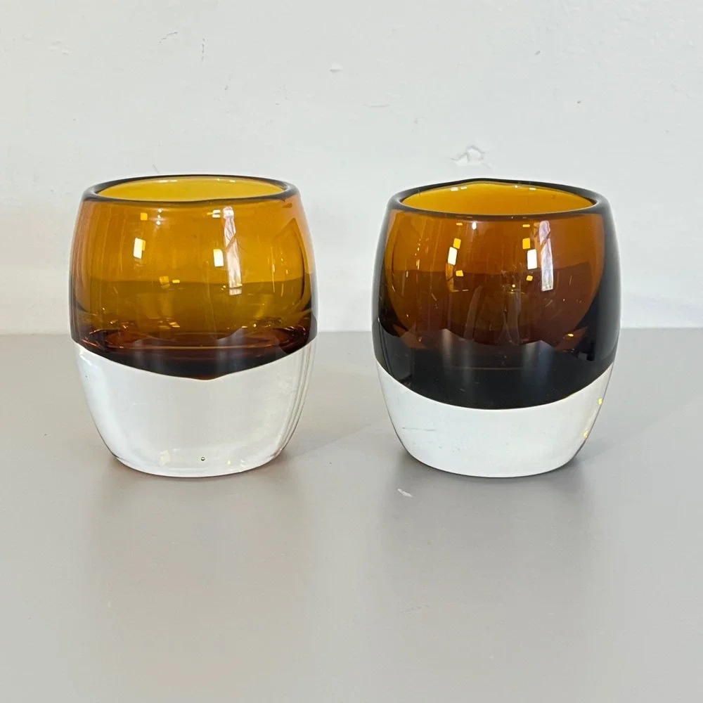 Crate & Barrel Diva Topaz Amber Glass‎ Votive Candle Holder Amber Topaz lot (2)