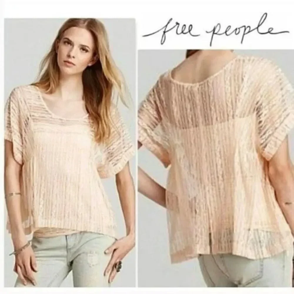 Free People Peach Tea Lace Sheer Oversized Split Back Top