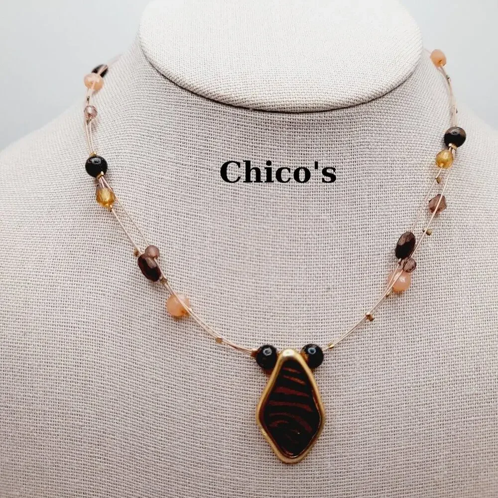Vintage Chico's Animal Print Pendant Beaded Wire Necklace, 20 Inches
