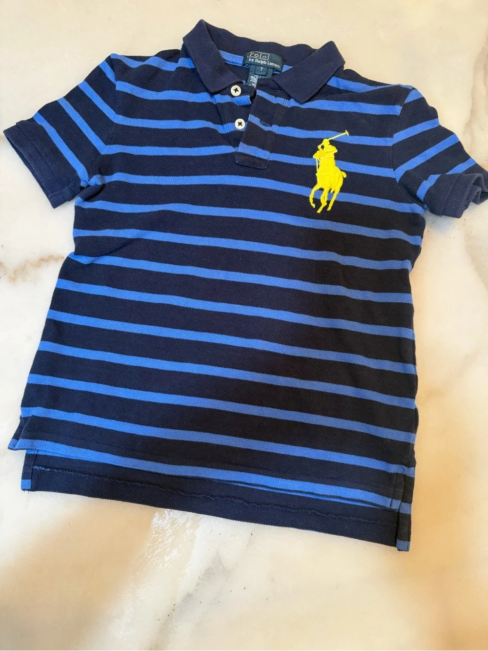 Polo by Ralph Lauren Navy & Royal Blue Striped Polo with Yellow Pony