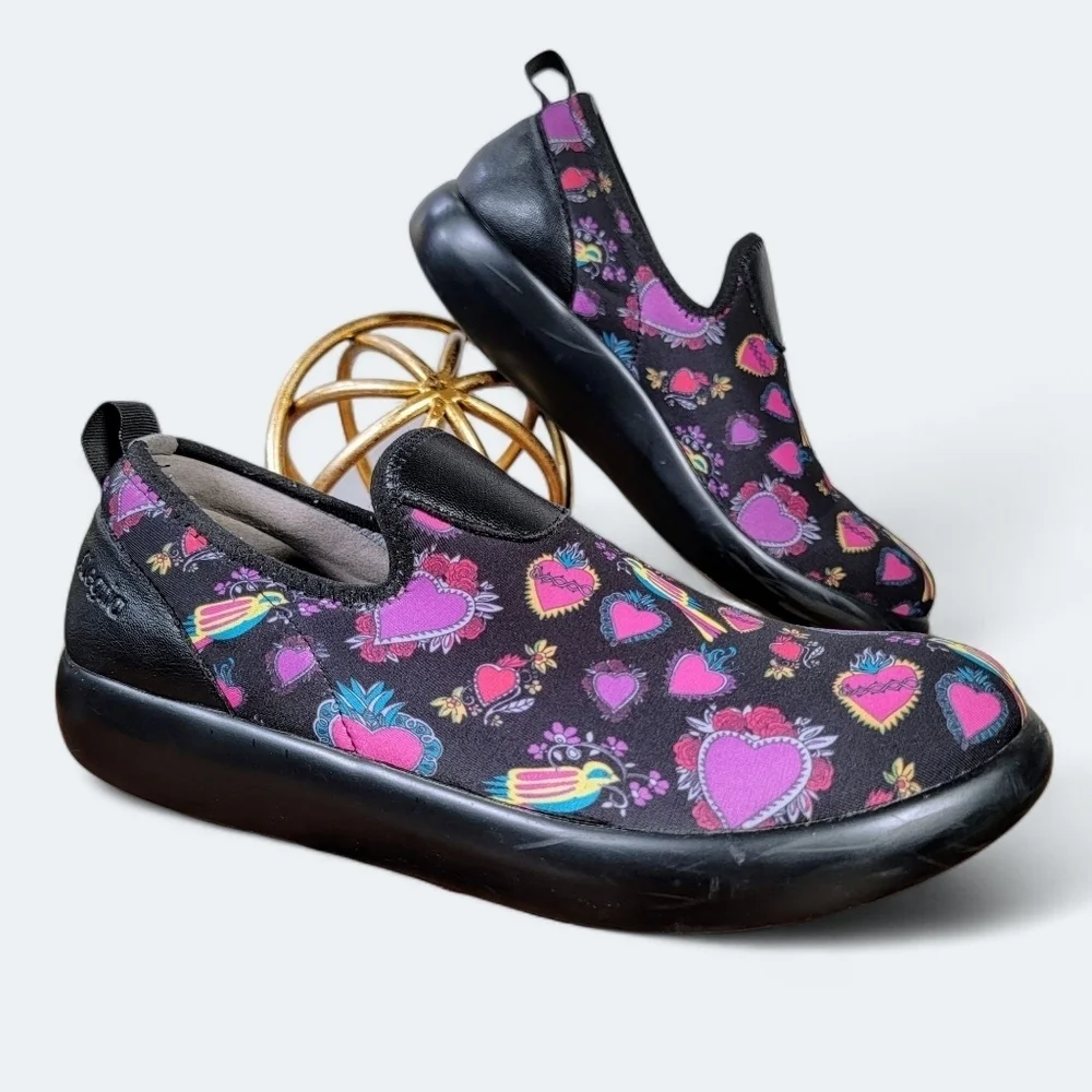 Alegria Eden Frida Slip-On Shoes Size 42 Comfy Work Black Pink Hearts Birds