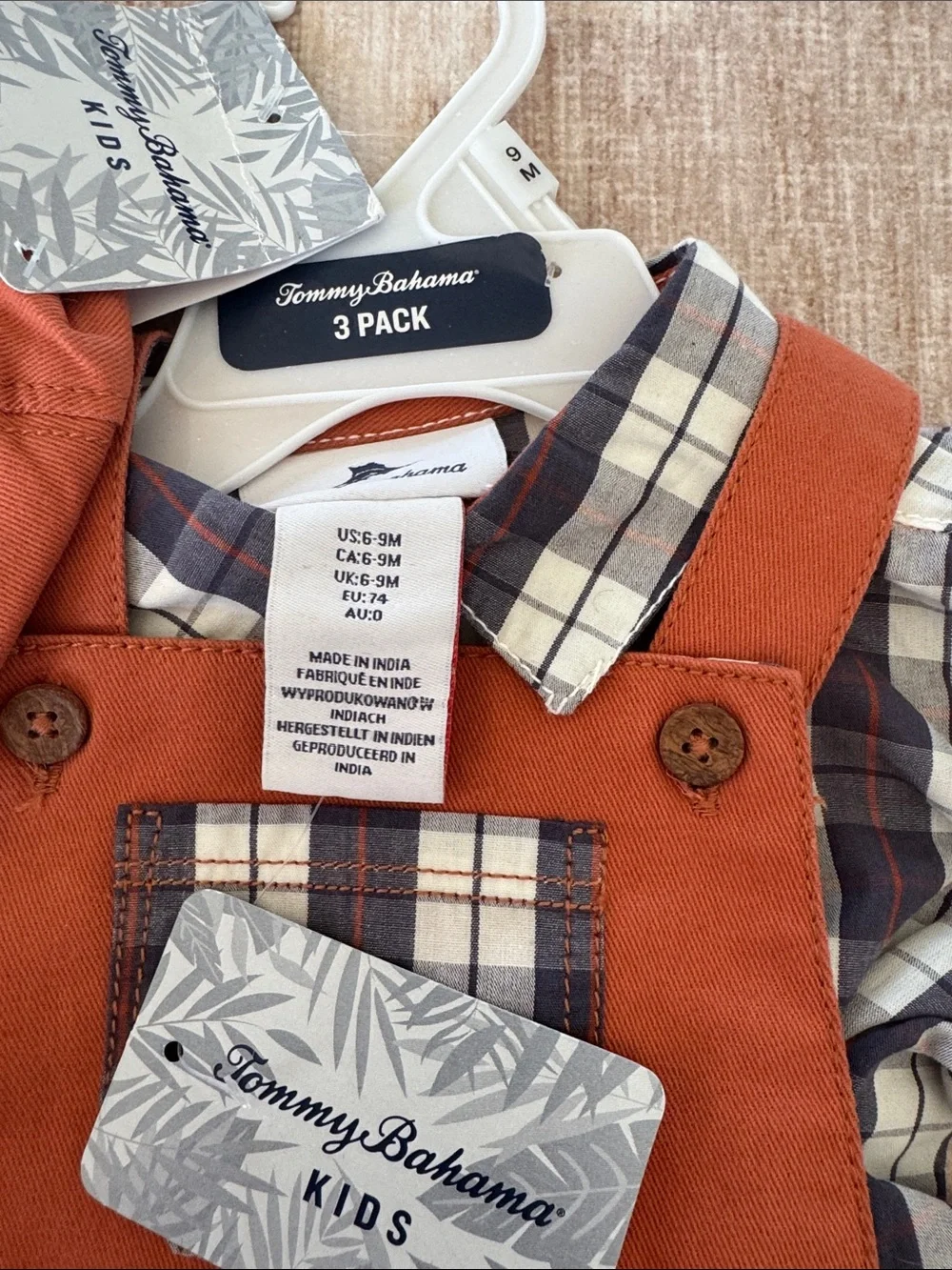 Carter's Rust Orange Overalls with Navy & Cream Plaid Shirt and Cap size 9M NWT