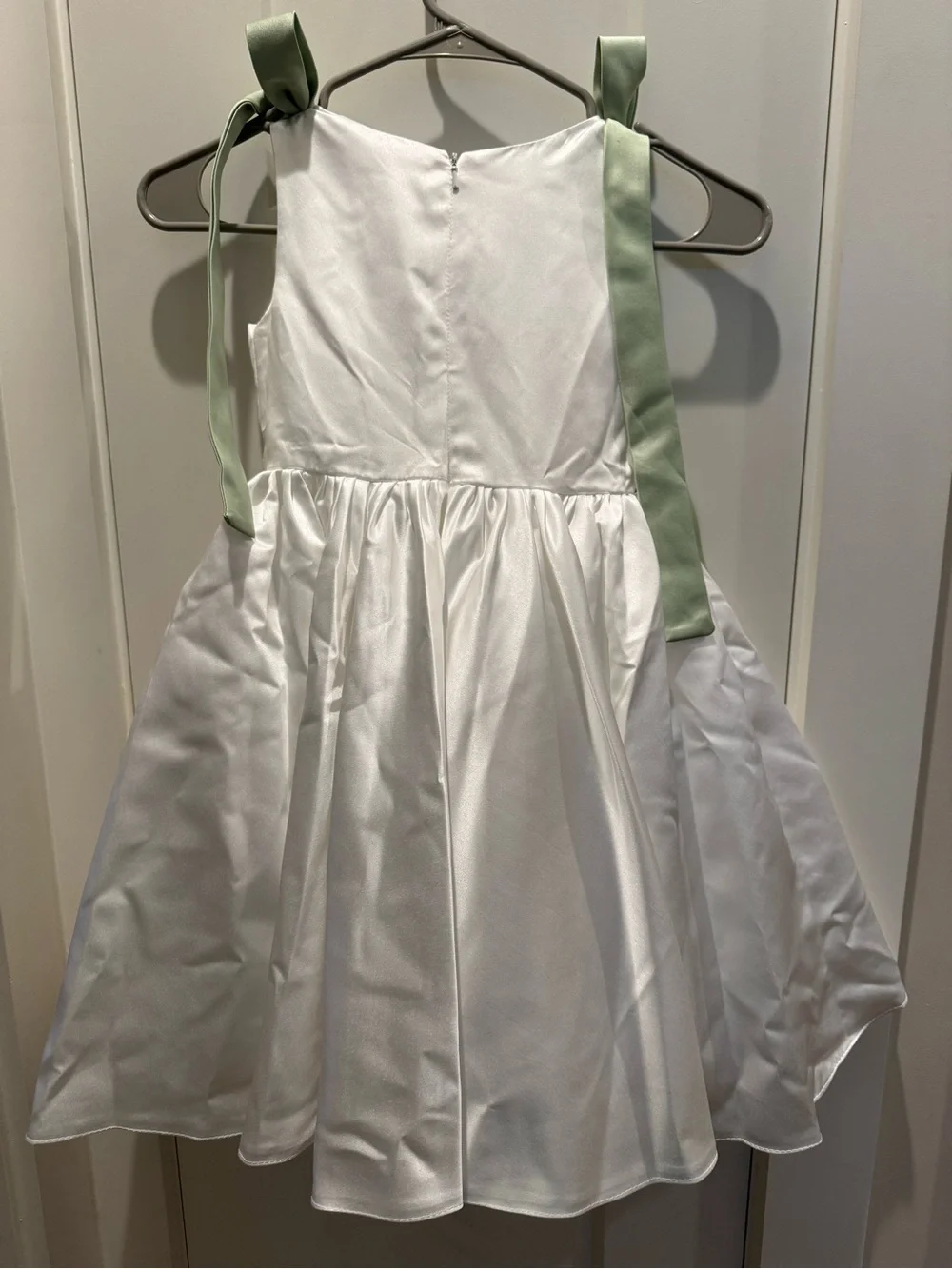 JJs House White Satin Flower Girl Dress with Sage Green Shoulder Ties