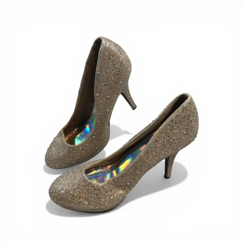 Silver Slipper Gold Glitter Rhinestone Platform Pumps Iridescent Insole Size‎ 8M