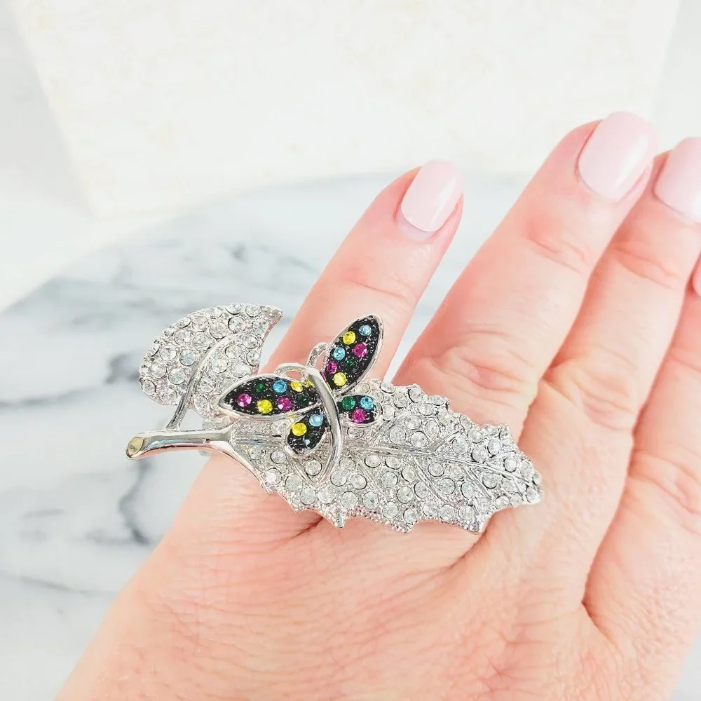 Crystal Butterfly on Leaf Two Finger Ring‎