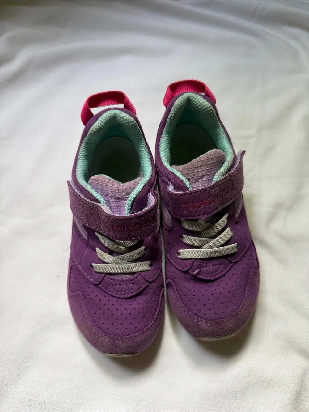 Tsukihoshi Purple Kids Sneakers with Mint Lining and Pink Pull Tabs - Velcro. 9