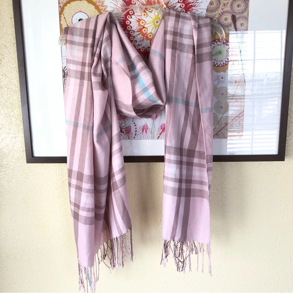 NEW Dusty Rose Silk Pashmina Scarf Wrap Shawl Checked Fringe