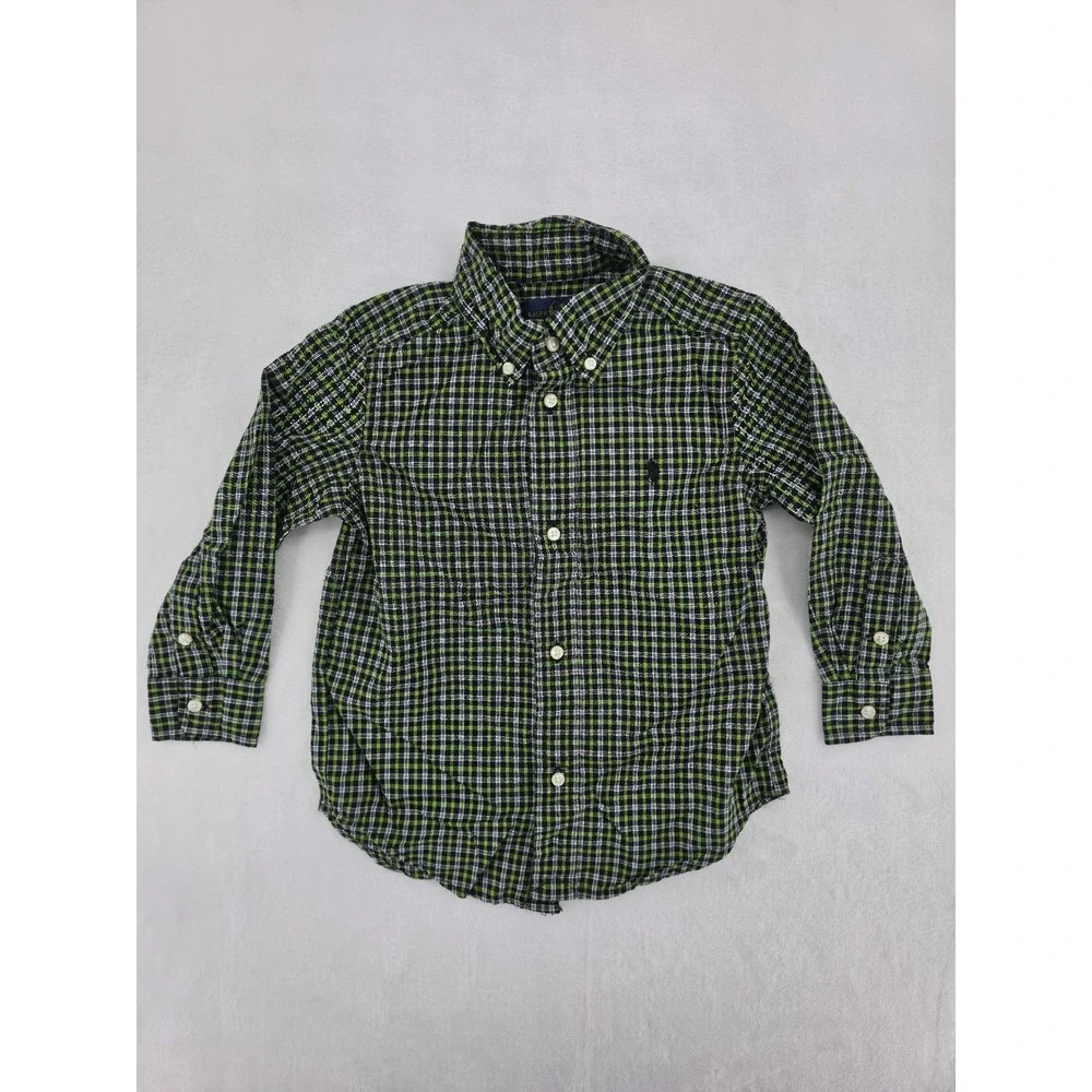 Ralph Lauren Boys Green Black Plaid Button Down Shirt Long Sleeve Size 3T Cotton