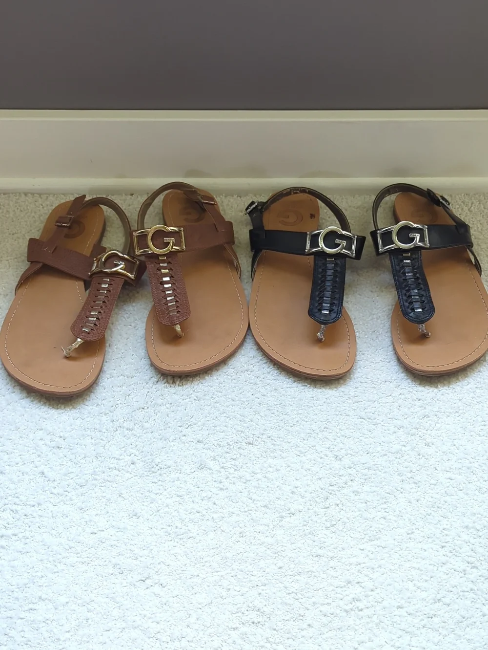 G by Guess Brown and Black T-Strap Sandals with G Hardware