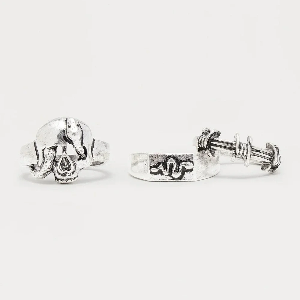 Silver Metal Skull Skeleton Ring‎ Set Mens 10 Barbwire Punk Western Cowboy Snake