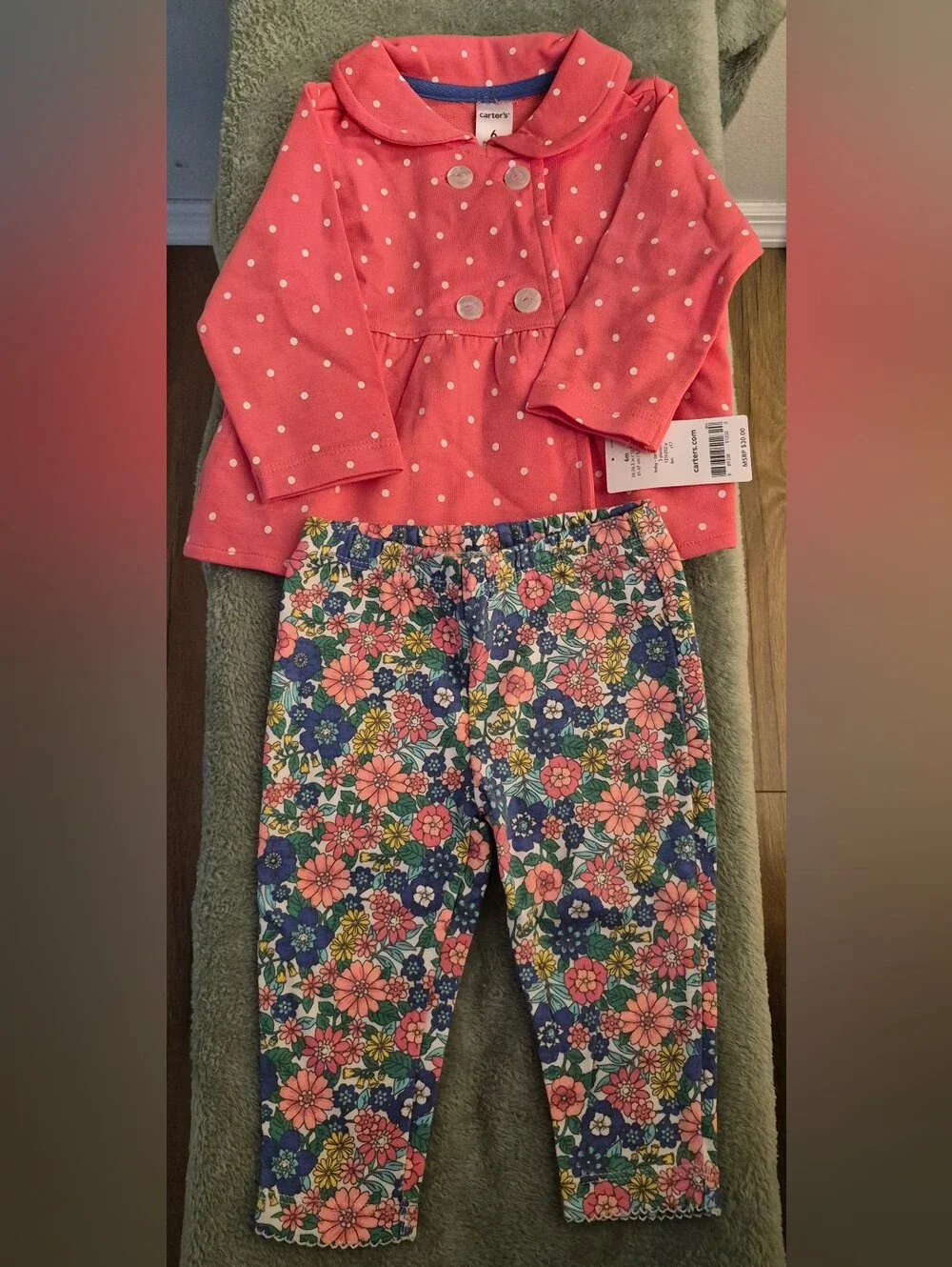 NWT Carter's 3 Piece Coral Jacket, Blue Onesie  And Multicolor Leggings
