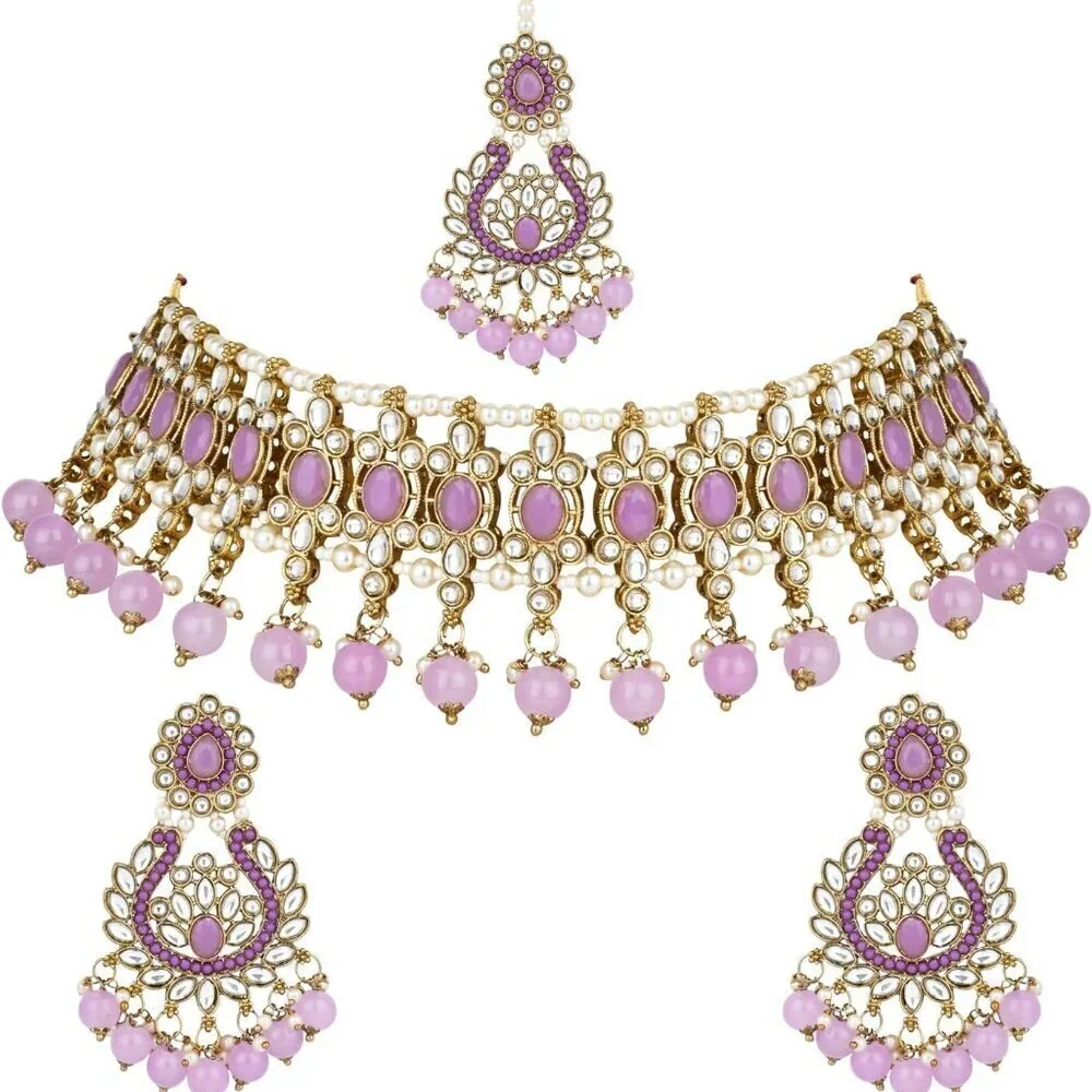 Gold Plated Indian Wedding Jewelry Set Pearl Kundan Choker Earrings Maang Tikka