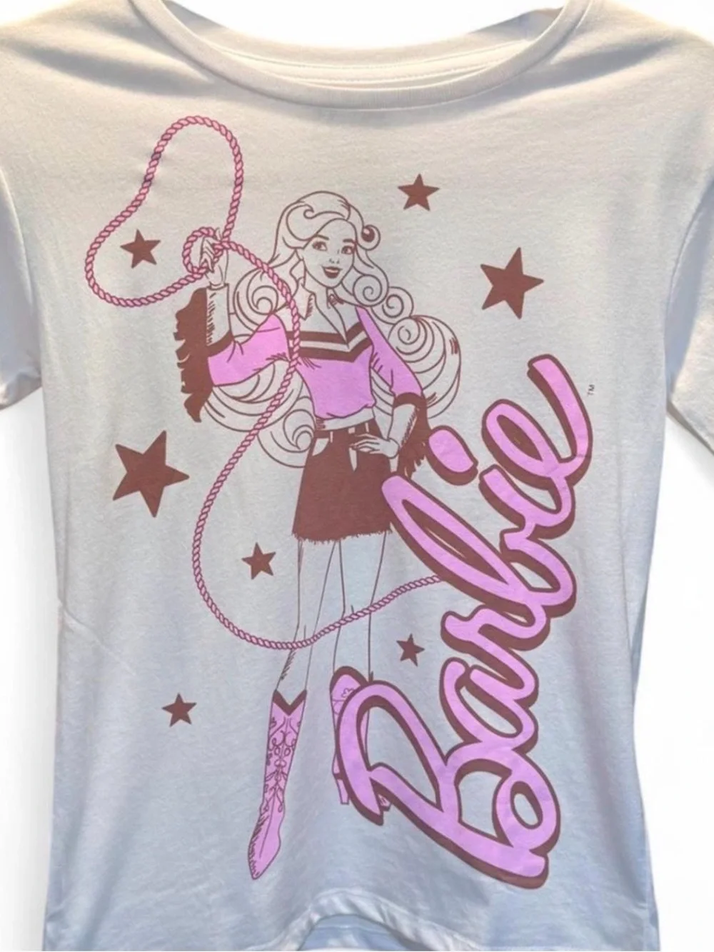 Barbie Graphic Tee in White with Pink and Brown Print size medium