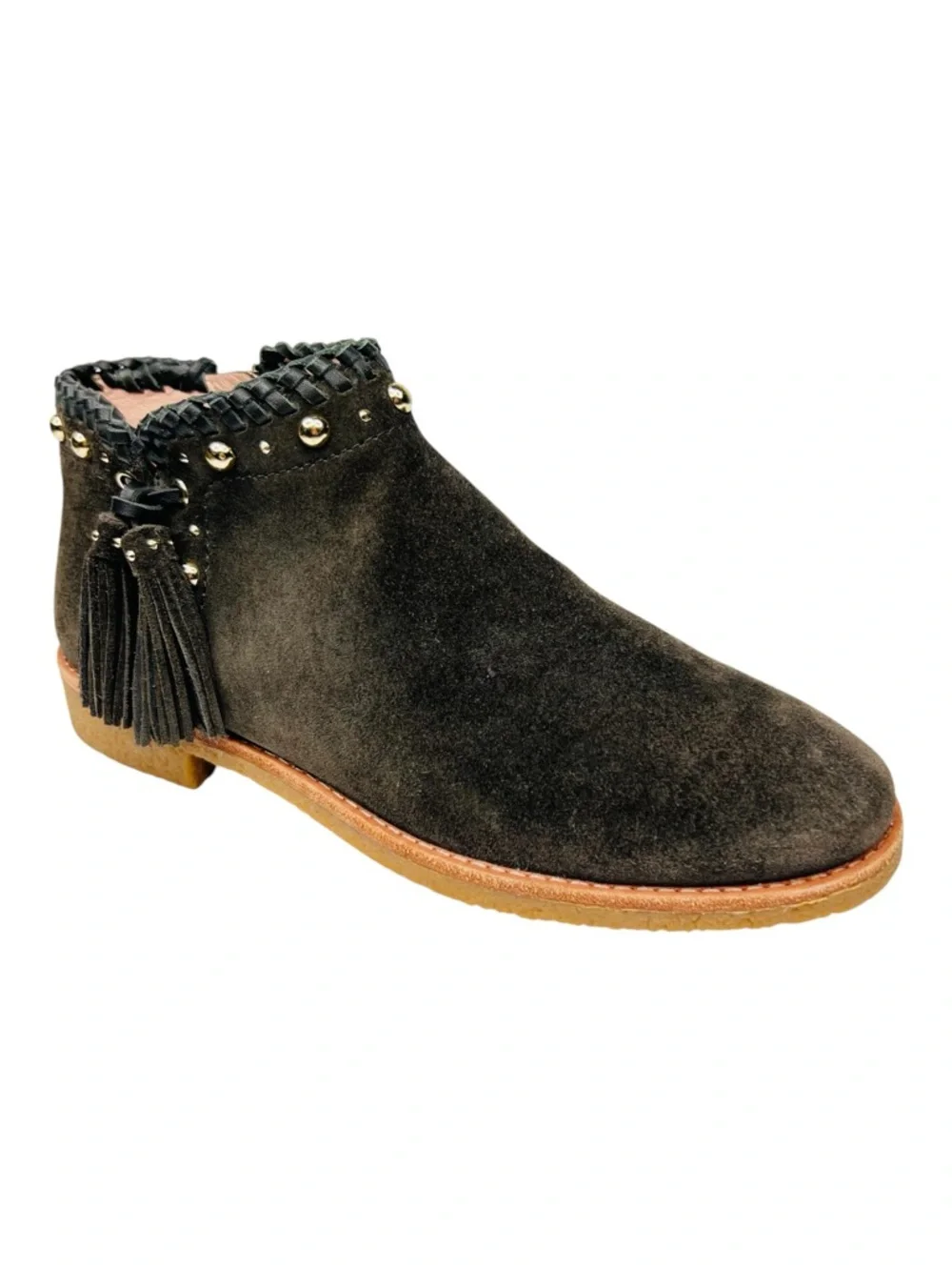 Kate Spade Bowie Tassel Olive Green Suede Side Zip Studded Ankle Booties Women 7