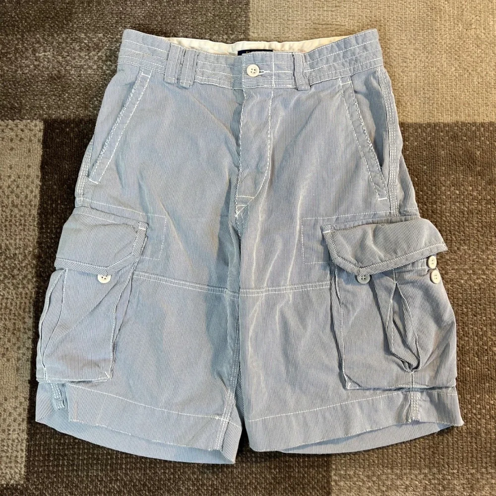 Polo Ralph Lauren Mens 29 Seersucker Cargo Shorts Blue‎ White Striped Chino