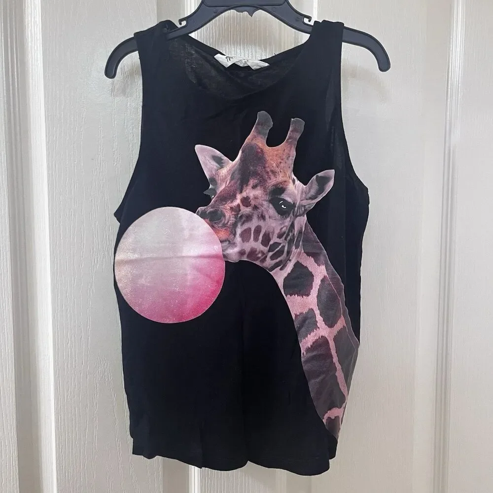 H&M Giraffe Blowing Bubble Gum Black Tank Top Girls Size 10-12 yrs