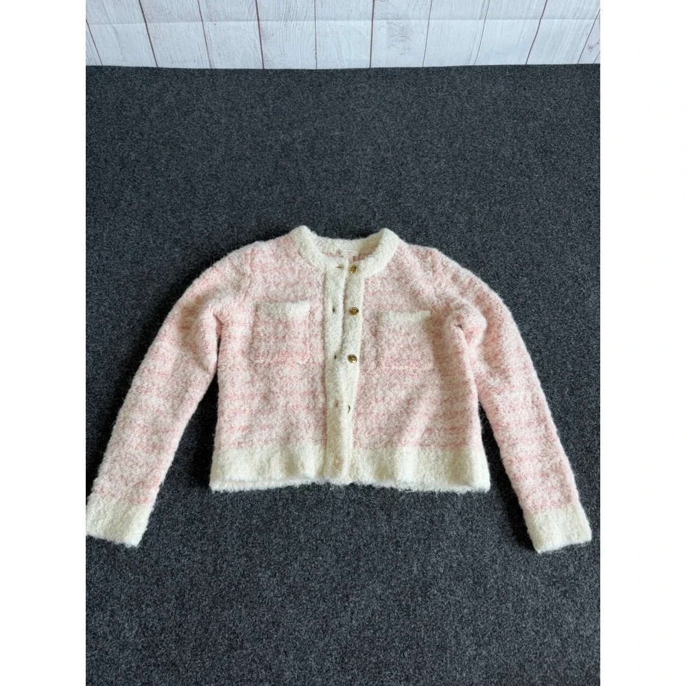 Crewcuts J Crew Girls Pink Cream Boucle Cardigan Sweater Gold Buttons Size M 8-9