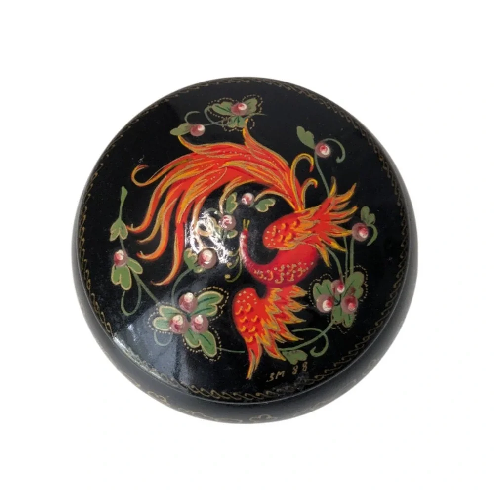 Flaming Peacock Phoenix 1988 USSR Lacquered Tin Jewelry Trinket Box Small