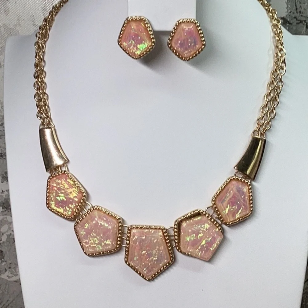 Pink Opal Effect Necklace with Matching Earrings Set