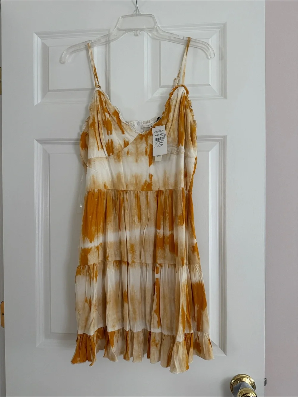Speechless Tie-Dye Tiered Spaghetti Strap Dress in Mustard & White
