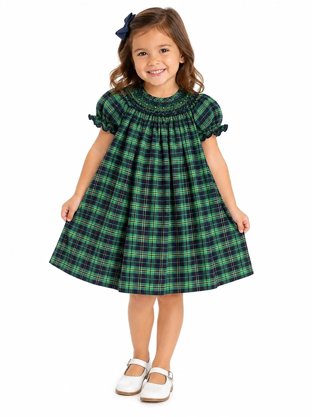 Classic Green Plaid Smocked Girls Dress